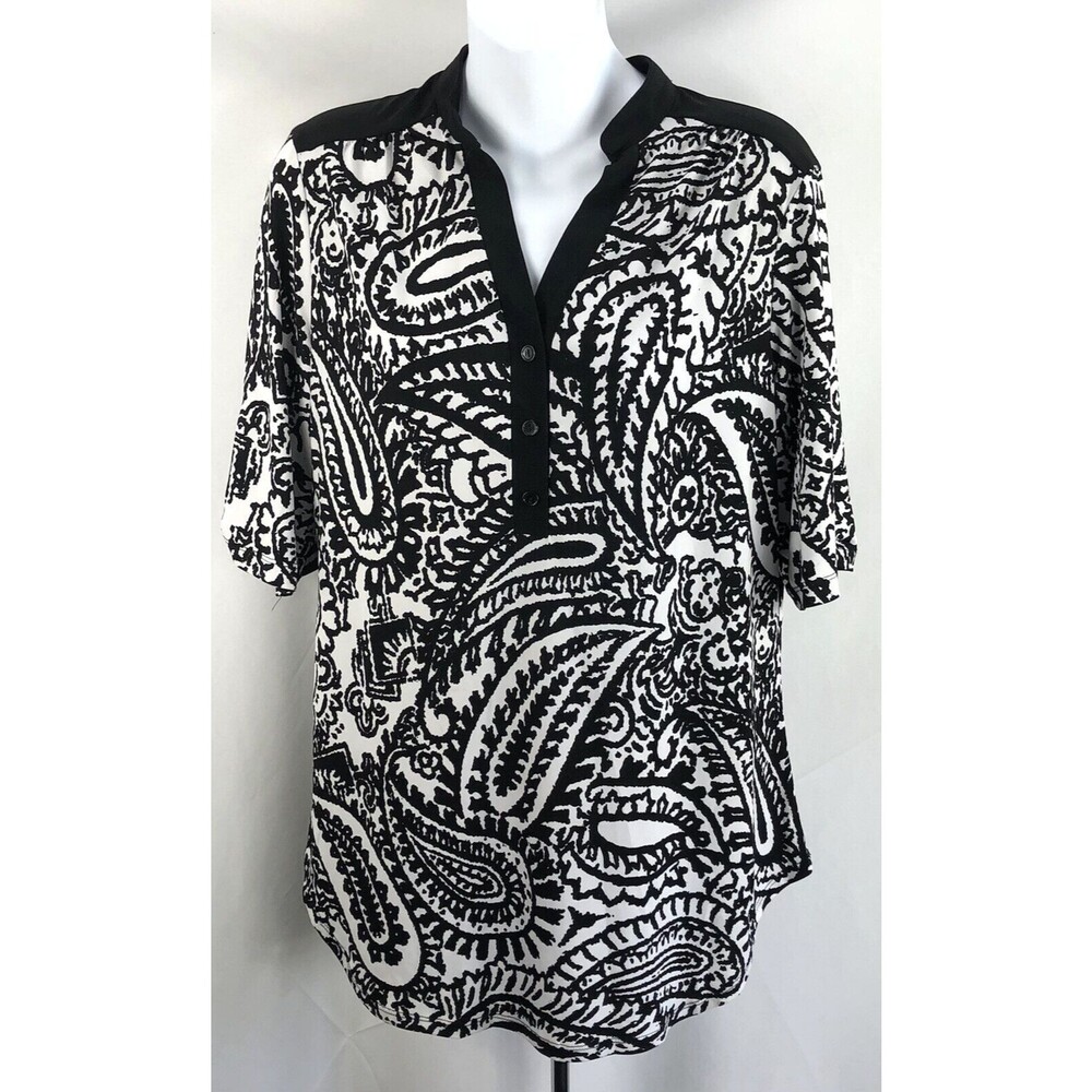 Vintage Top L Blk/Wht Geometric Abstract Banded V-Neck Retro Art Psychedelic